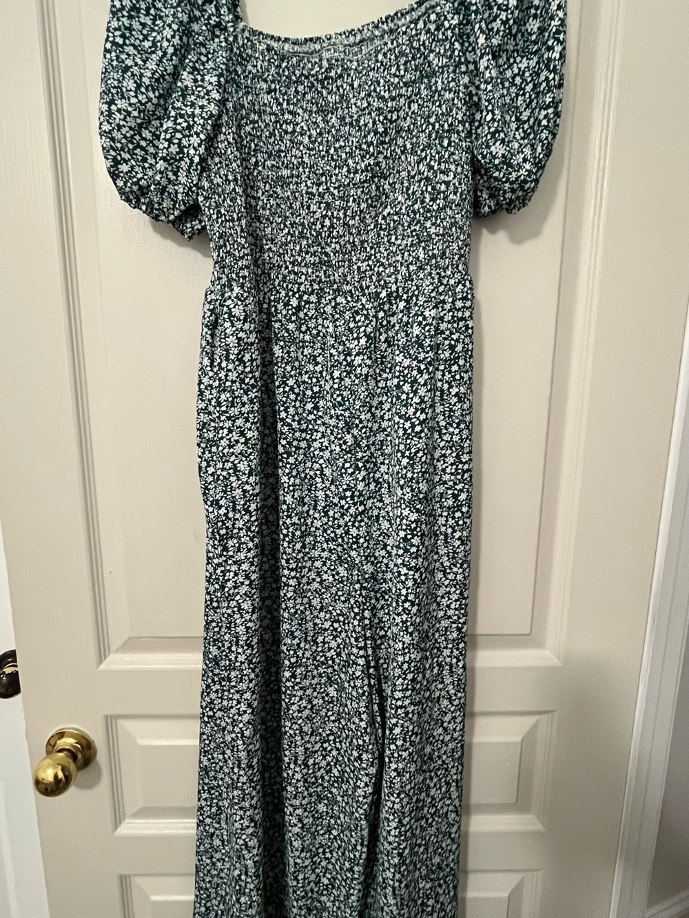 Smocked Puff Sleeve Floral Wide leg Jumpsuit- Green & White